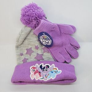 My Little Pony‎ Girls Gloves and Stocking Hat Pom Pom Purple Gray Glitter Stars